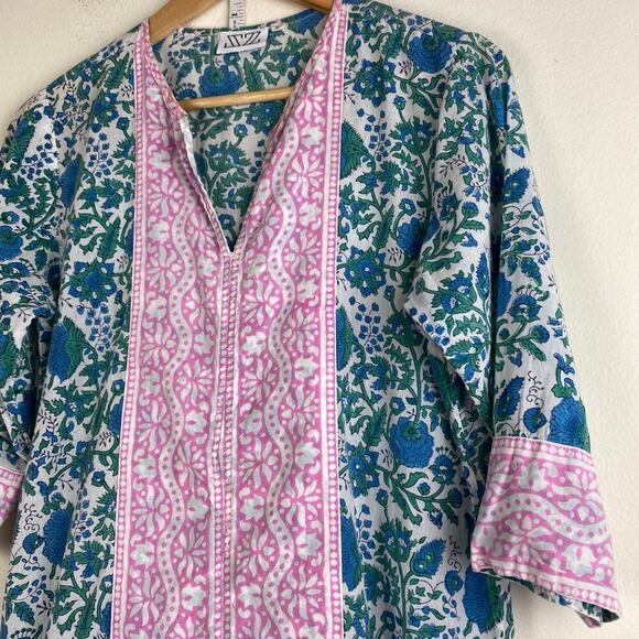 SZ Blockprints Kurta Tunic Size S Pink Blue Green Swim Cover Up Cotton Casual - Picture 5 of 14